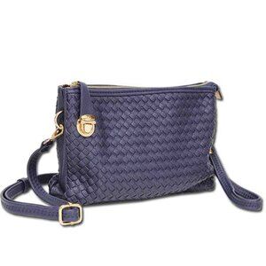 MC Handbags Annie Woven Triple Compartment Leather Clutch - Beige - Navy Blue